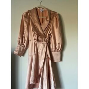 S'edge Satin Wrap Midi Dress Rose Gold Puff Sleeve Belted Ruffle Size S
